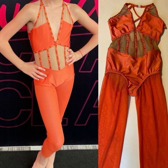 LA dance designs semi custom ASTRA UNITARD coral orange child large LC - Picture 1 of 16
